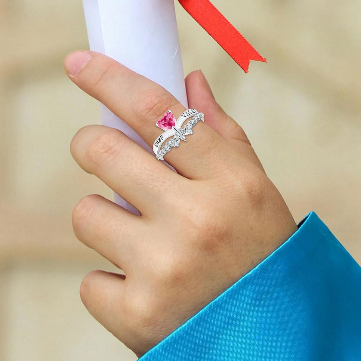 Personalized Engraved Graduation Flowered Heartbeat Birthstone Ring, Graduation Gift