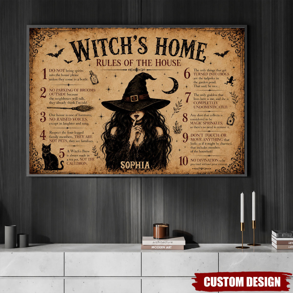 Personalized Halloween Witch Poster,Witch’s Home Rules Wall Art Decor,Gift For Witch Lover