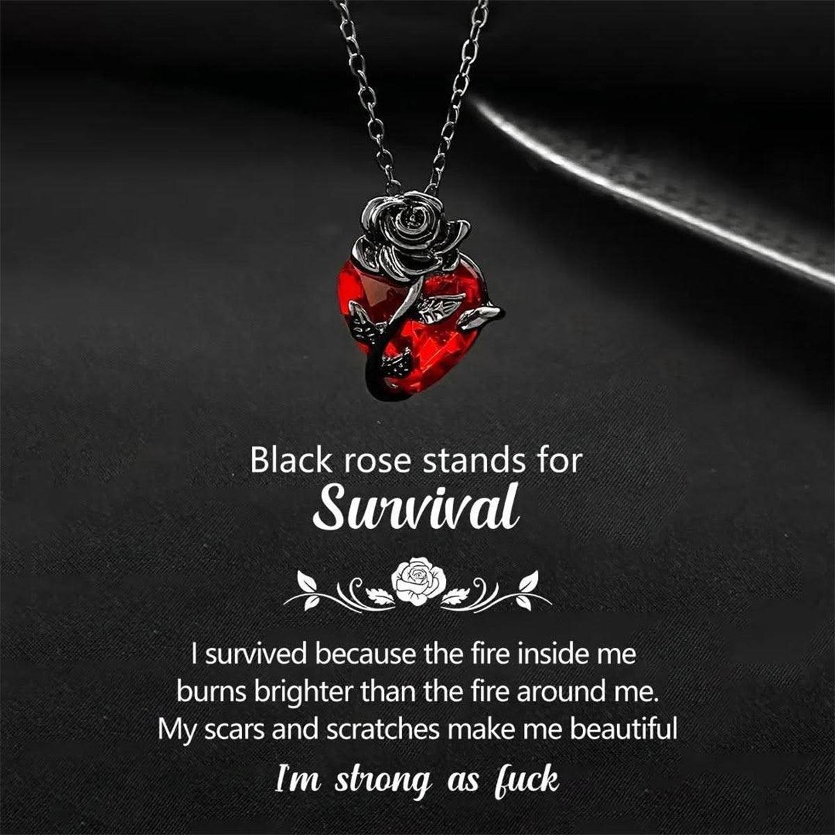 Strong As F*ck Black Rose Heart Necklace