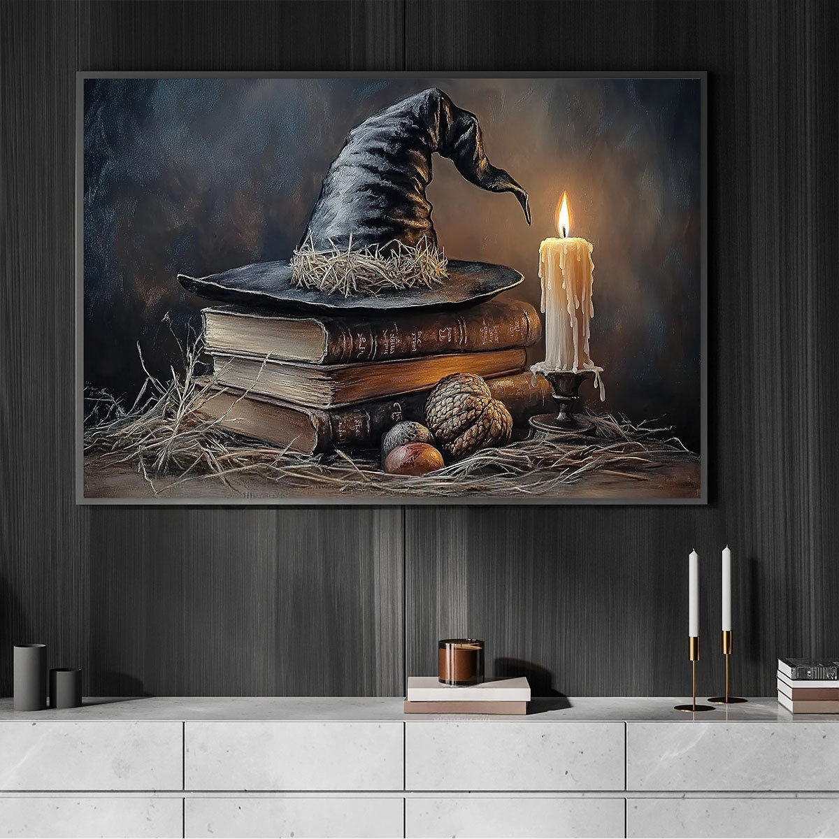 Halloween Witch Book Canvas Painting, Witch’s Spellbound Library Wall Art Decor, Spooky Season Poster Gift For Witch Lovers