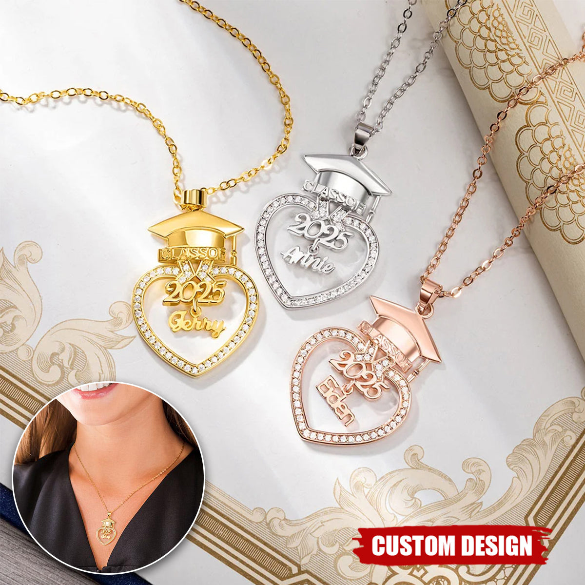 Personalized Grad Cap Zircon Heart Necklace - Class of 2025 Graduation - Gift for Graduates