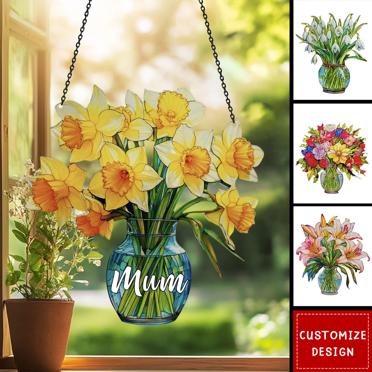 Everlasting Flower in Vase - Personalized Window Hanging Suncatcher Ornament