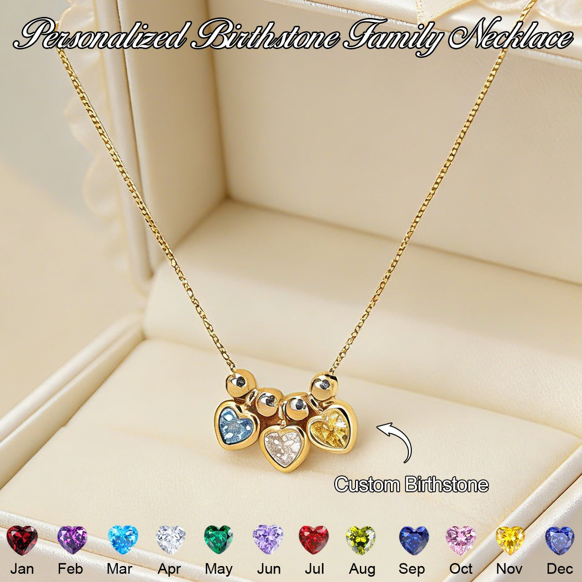 Personalized Heart Birthstone Family Necklace- Gift For Her