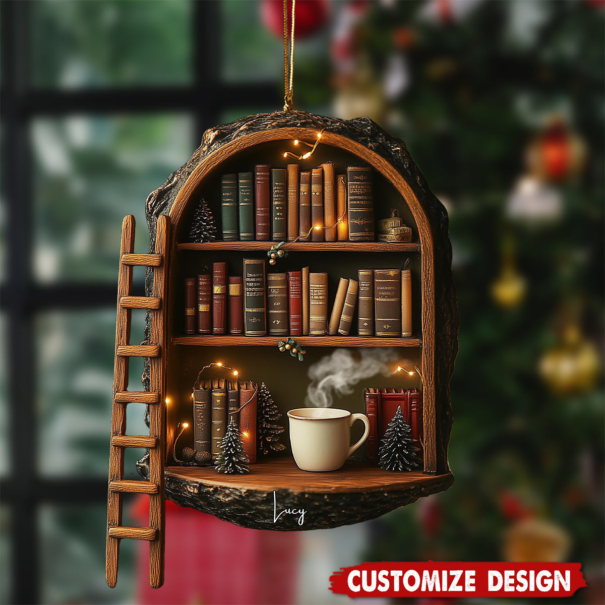 Personalized Handmade Wooden Book Nook Christmas Ornament, Cozy Library Gift For Readers