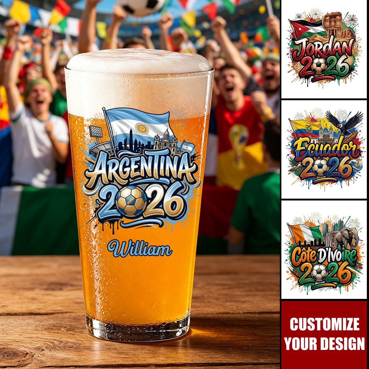 Personalized 2026 Soccer Country Beer Glass - Custom Gift for Fan Events & Tailgates