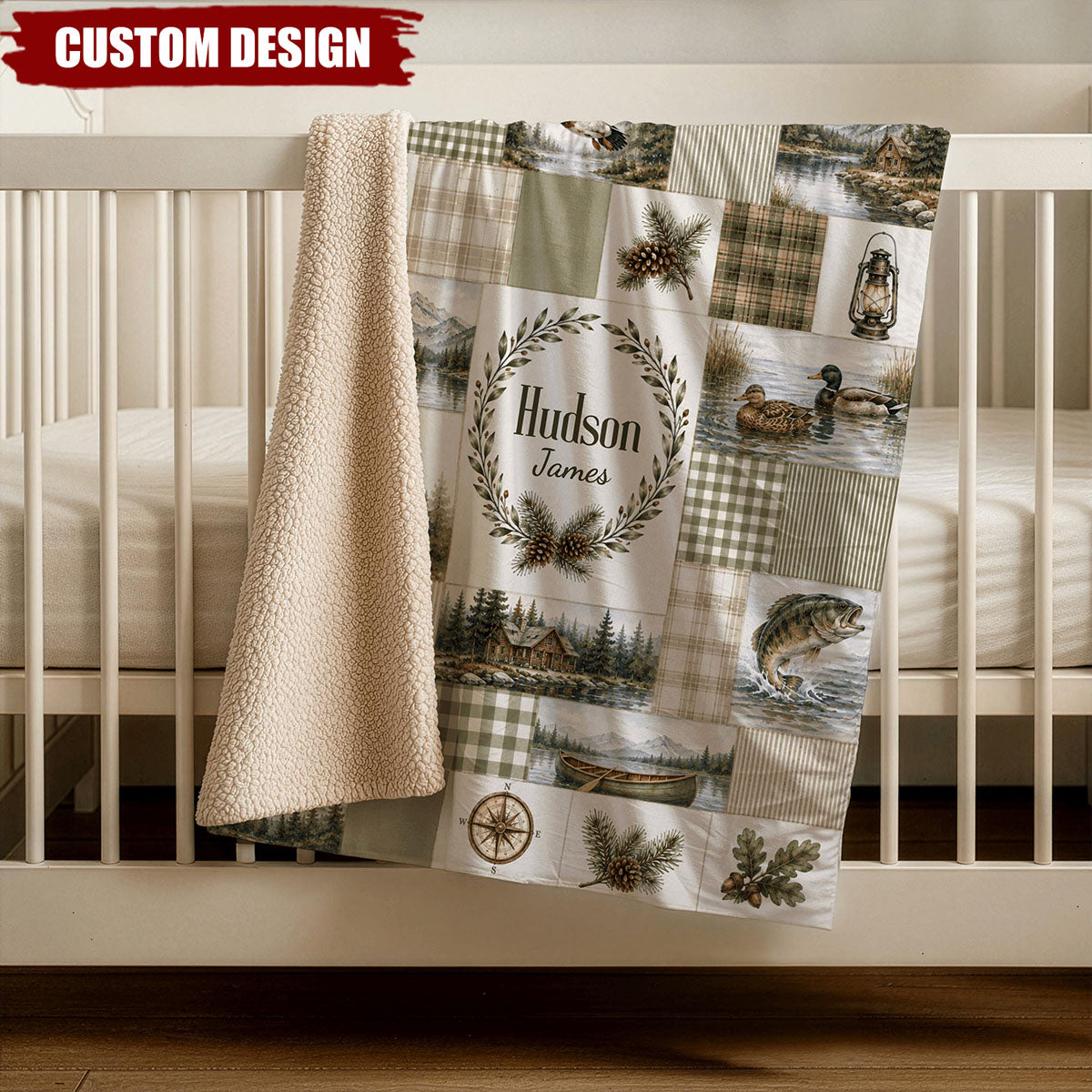 Personalized Hunting Blanket, Fishing Blanket, Rustic Woodland Nursery Decor, Deer Duck Bass Gift