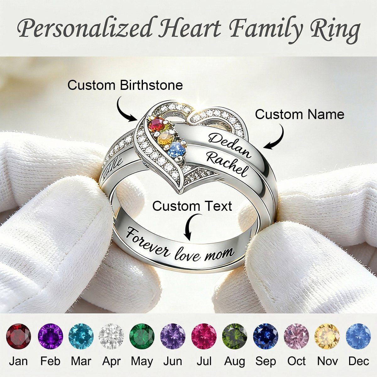 Personalized 1-8 Birthstones Heart Family Ring-Where Hearts Meet, Love Gleams In Every Stone