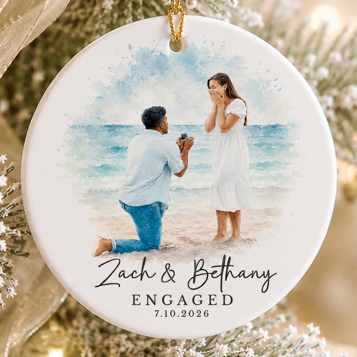 Personalized Engagement Ornament from Photo, Custom Watercolor Couple Portrait Gift for Newly Engaged Couple