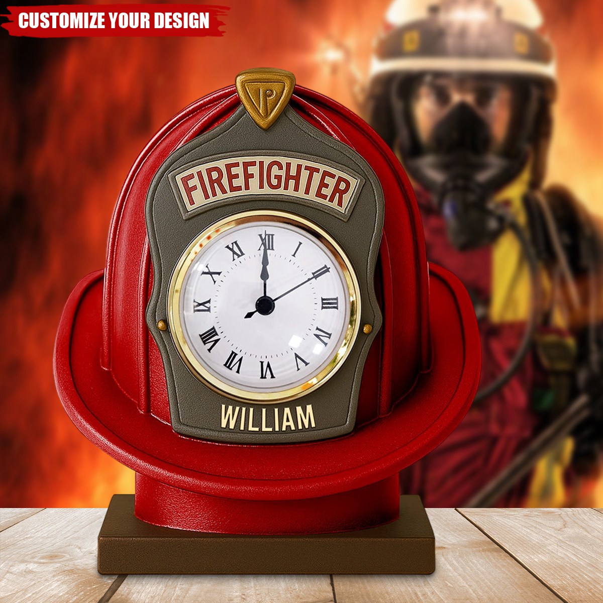 Firefighter Helmet Desk Clock Plaque - Personalized Gifts For Firefighter