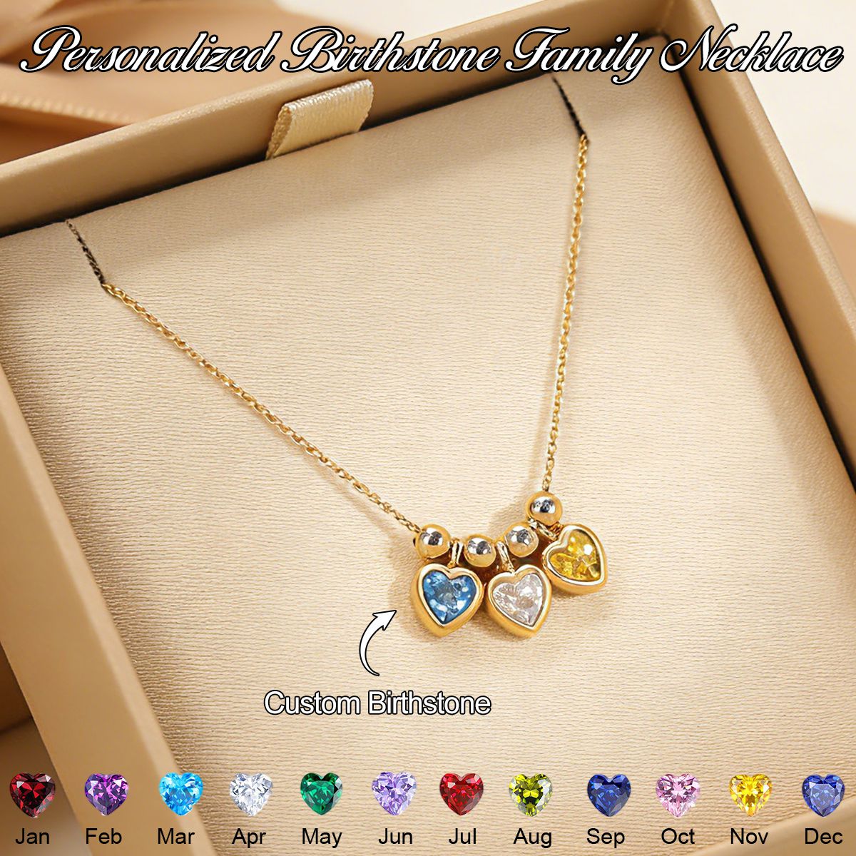 Personalized Heart Birthstone Family Necklace- Gift For Her