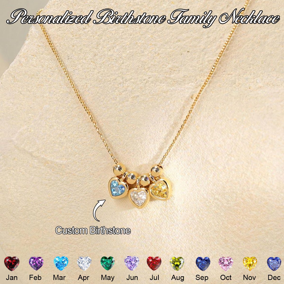 Personalized Heart Birthstone Family Necklace- Gift For Her