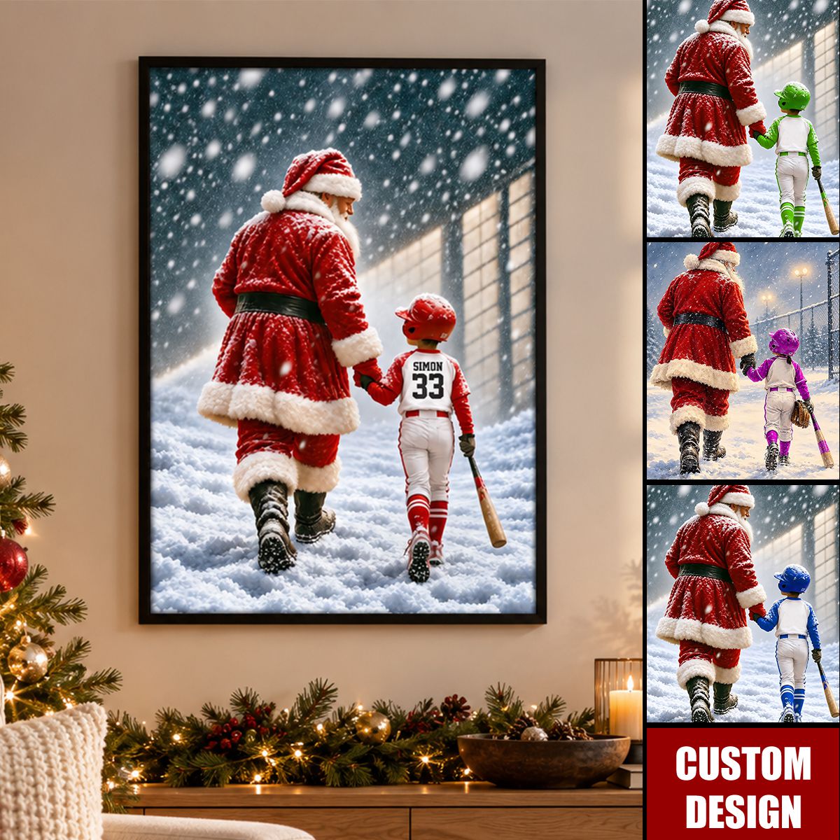 Personalized Christmas Santa and Softball Girl Baseball Boy Poster, Gift For Softball Baseball Lover