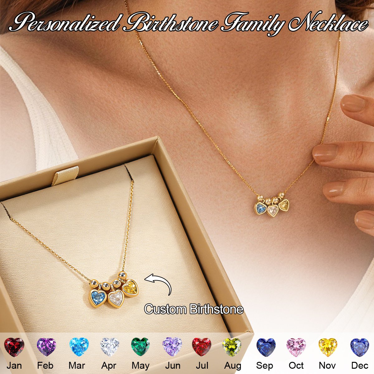 Personalized Heart Birthstone Family Necklace- Gift For Her