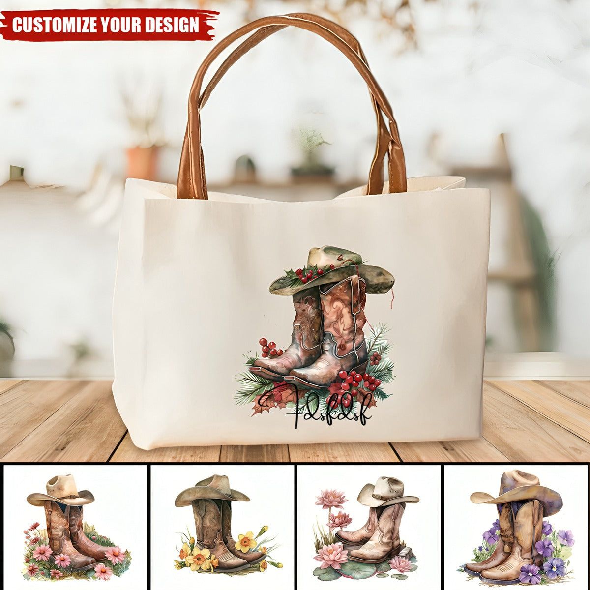 Personalized Birth Flower Western Cowgirl Boots Design Canvas Tote Bag
