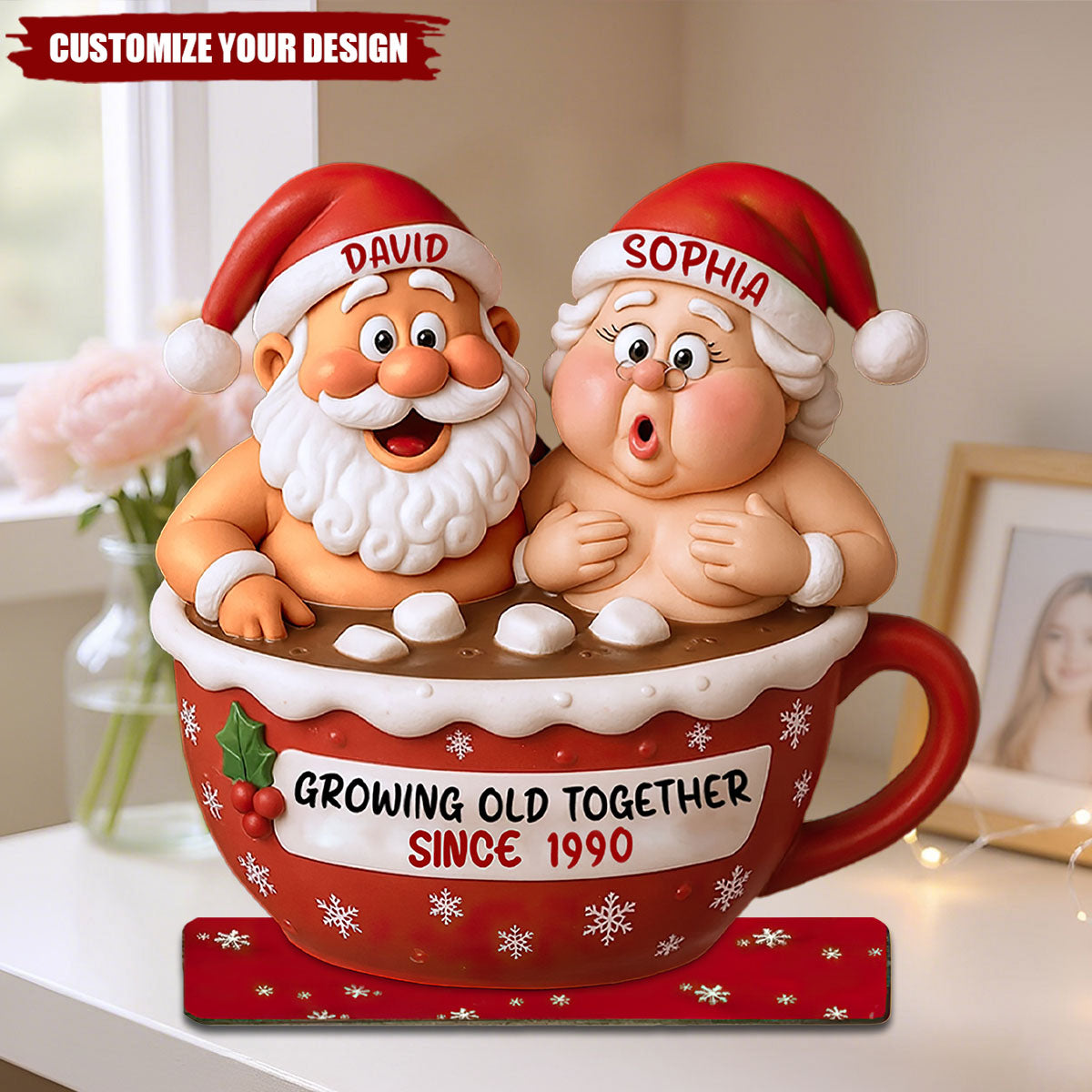 Growing Old Together Santa Claus In Hot Chocolate Cup, Personalized Couple Shaped Plaque