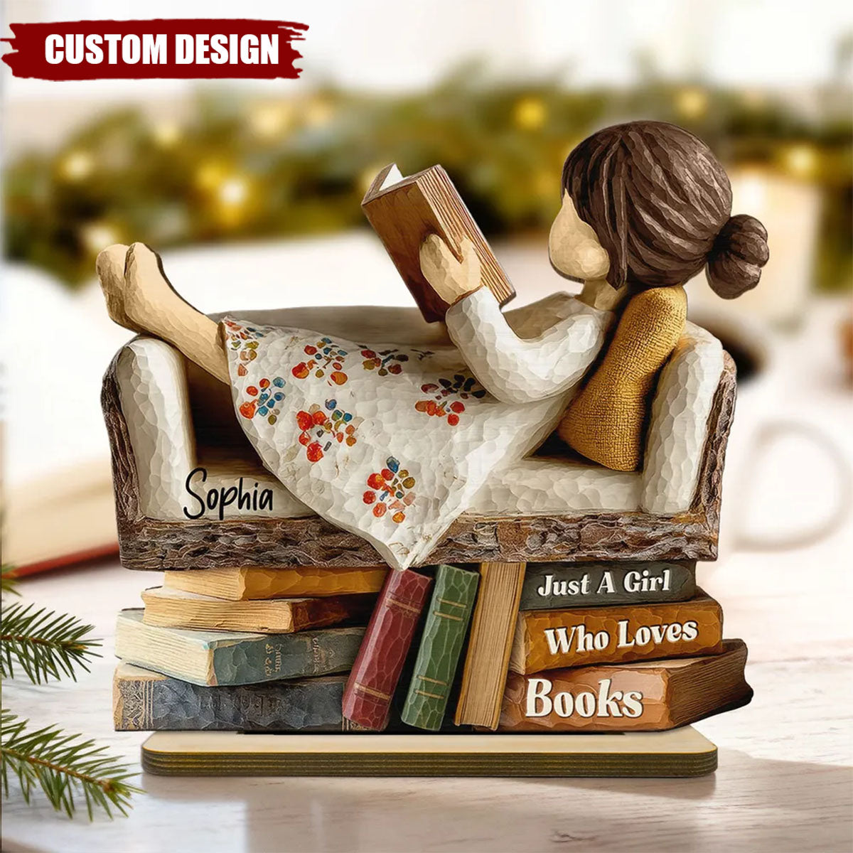 Personalized Man Woman Book Lover Reading Book On Sofa Wooden Plaque