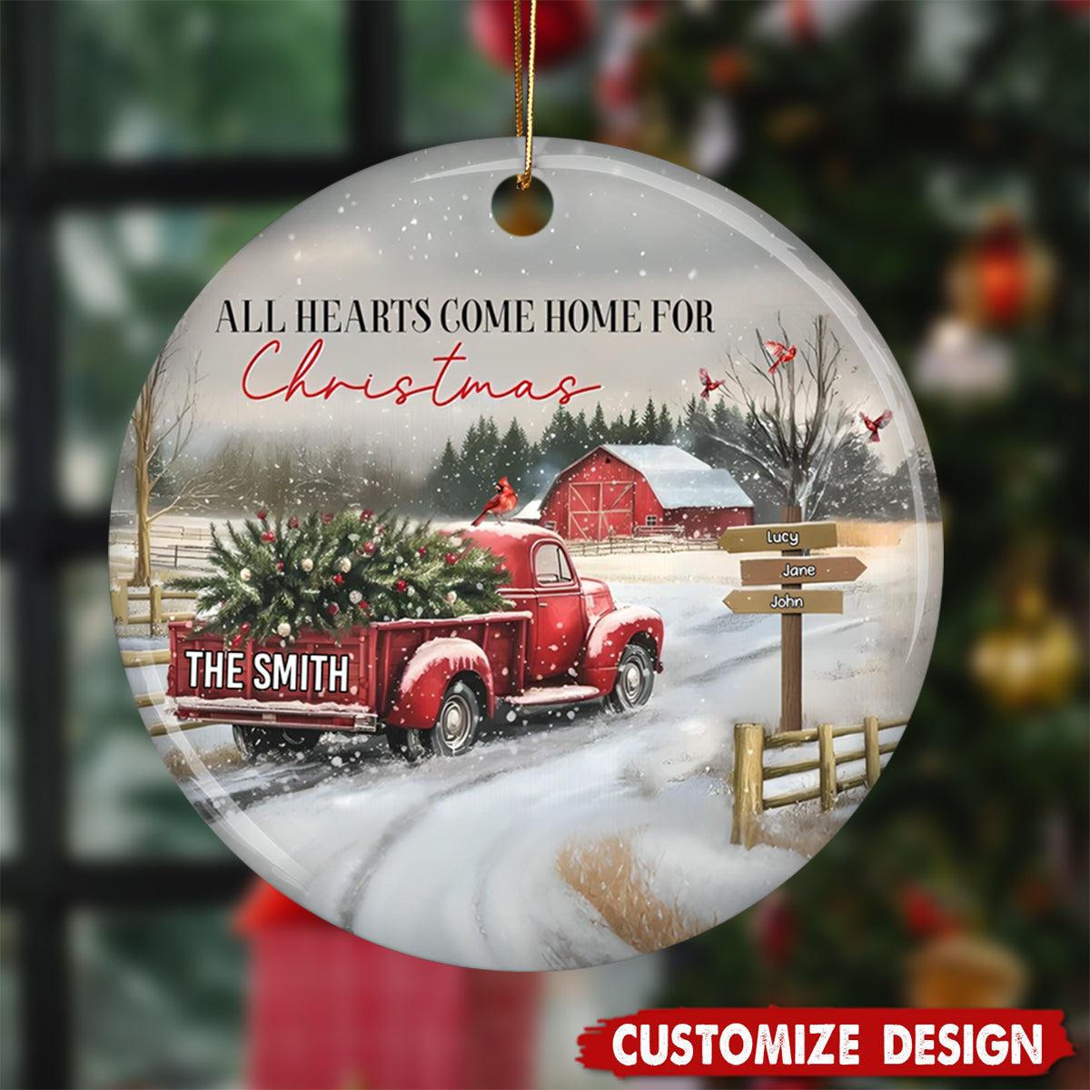 Personalized Coming Home For Christmas Family Red Truck Ceramic Ornament