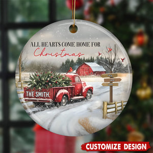 Personalized Coming Home For Christmas Family Red Truck Ceramic Ornament