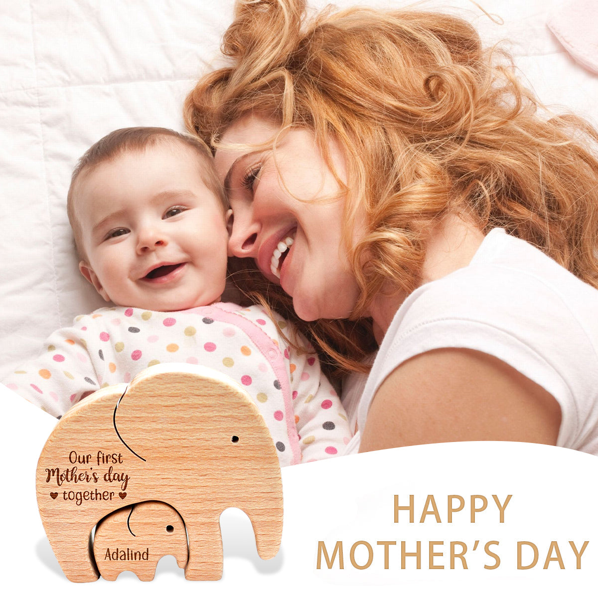Wooden Mom And Baby Elephant - Personalized Elephant Wooden Puzzle, First Mother's Day Gift