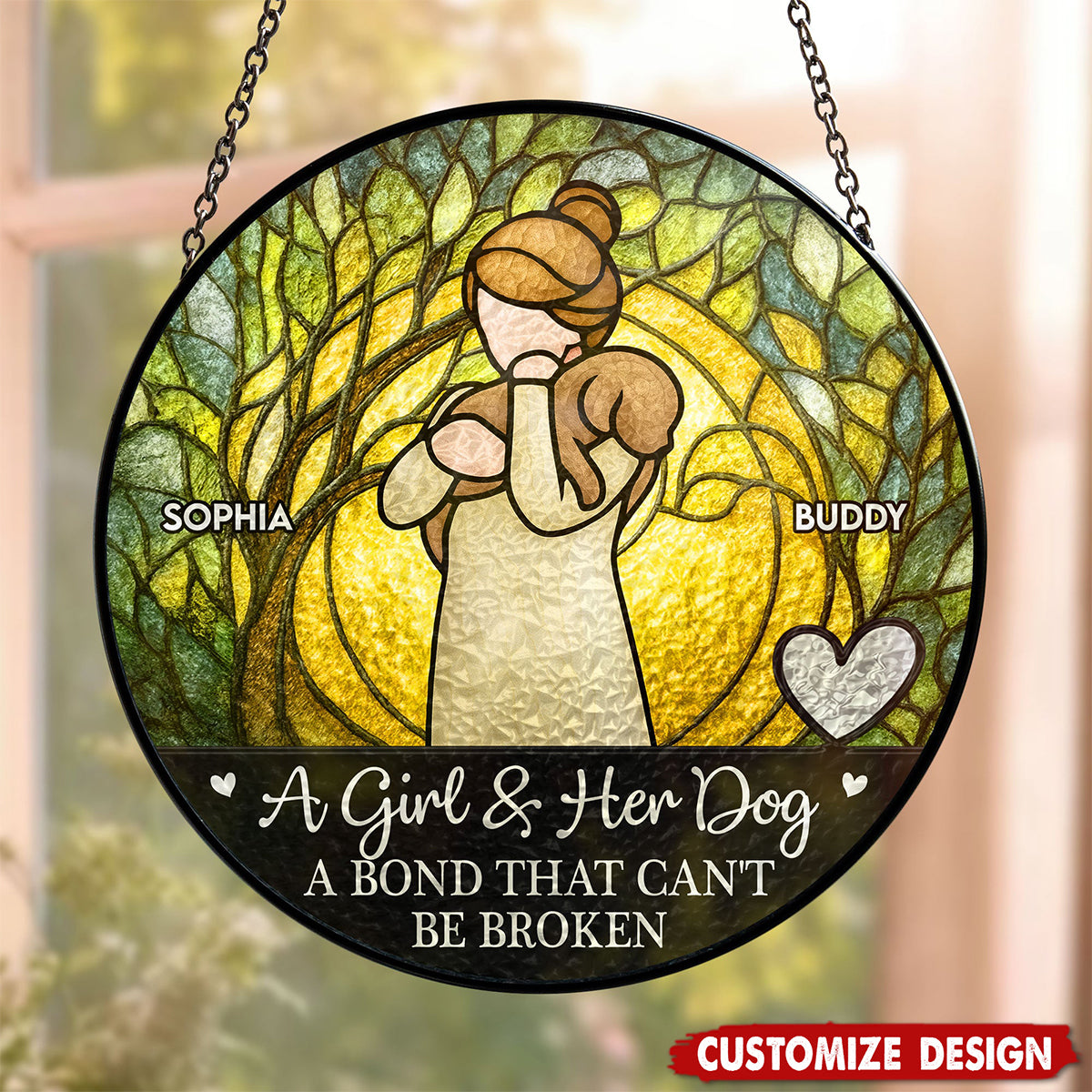 Girl & Dog A Bond Can't Be Broken - Personalized Stained Glass Window Hanging Suncatcher