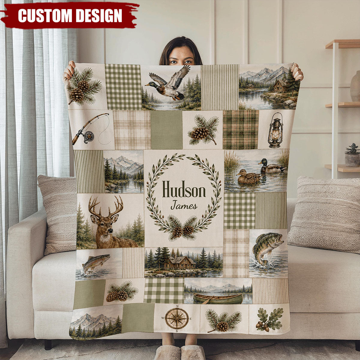 Personalized Hunting Blanket, Fishing Blanket, Rustic Woodland Nursery Decor, Deer Duck Bass Gift