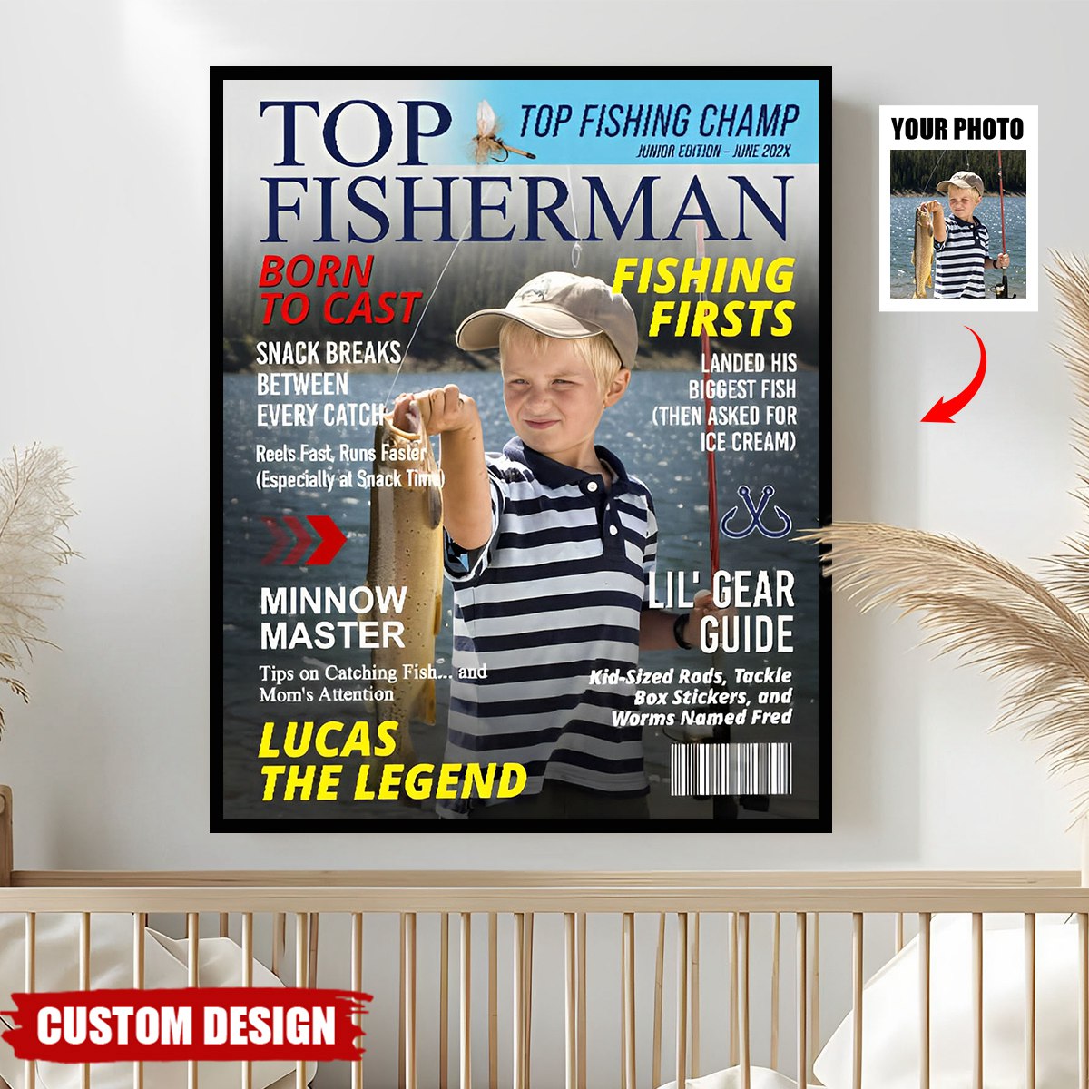 Custom Kids Fishing Magazine Cover Poster, Fishing Gifts for Boys, Fishing Gift for Son, Grandson, or Young Angler, Personalized Fisherman Gift