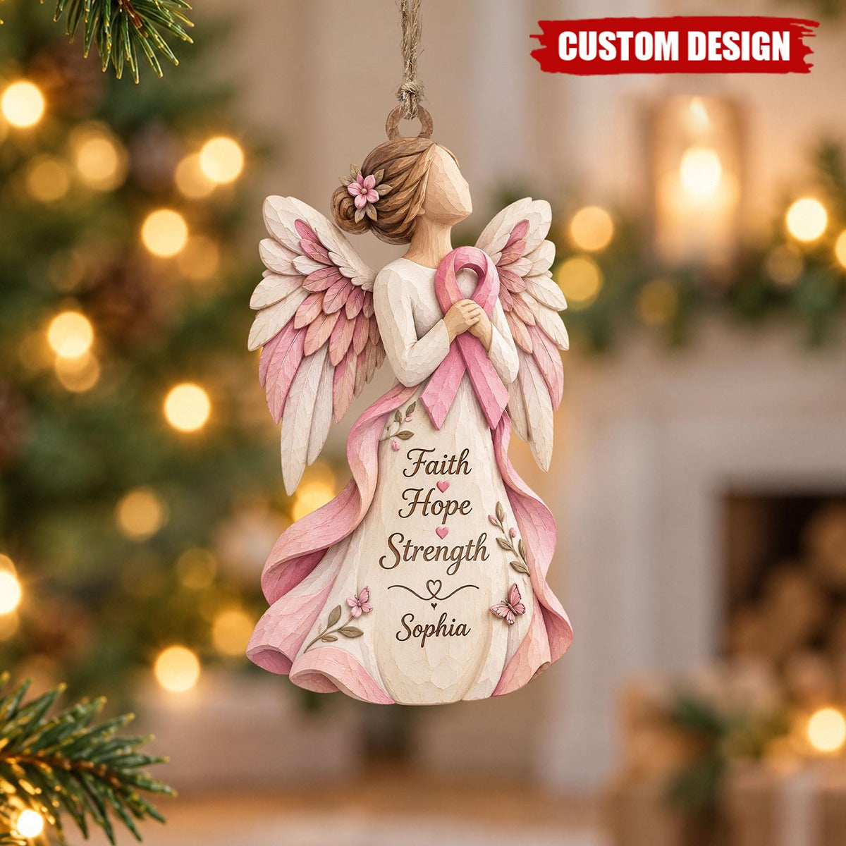 Personalized Faith Hope Strength Breast Cancer Wooden Ornament, Breast Cancer Survivor Gifts