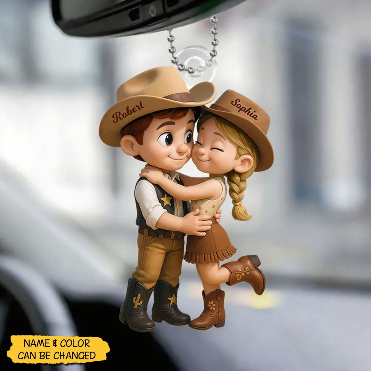Cartoon Style Countryside Couple Cowboy Cowgirl Personalized Car Ornament