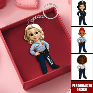 Personalized Woman Police Officer Cartoon Character Keychain-Gift For Law Enforcement