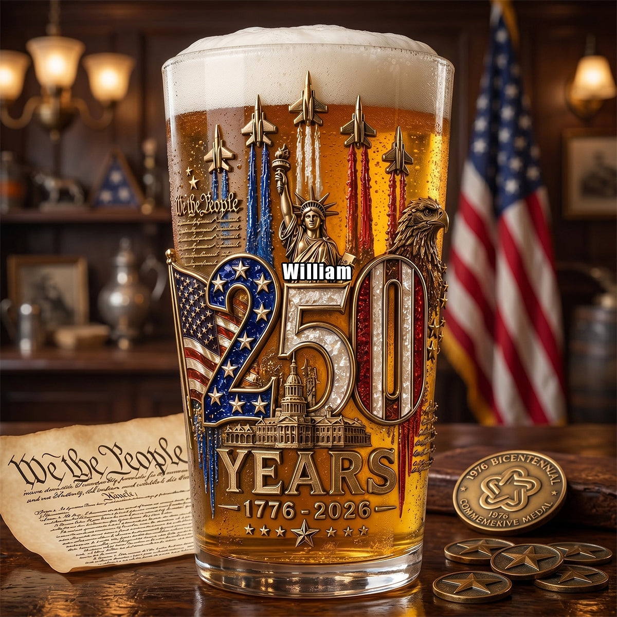 America 250th Anniversary Beer Glass - Personalized Gifts For Patriotic