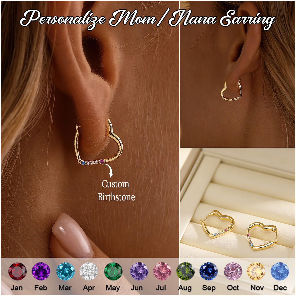 Personalised Birthstone Heart Huggies Earrings, Tiny Birthstone Hoop Earring