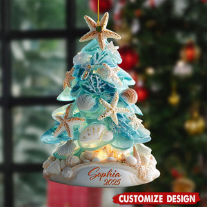 Personalized Beach Christmas Ornament, Coastal Christmas Tree With Shells