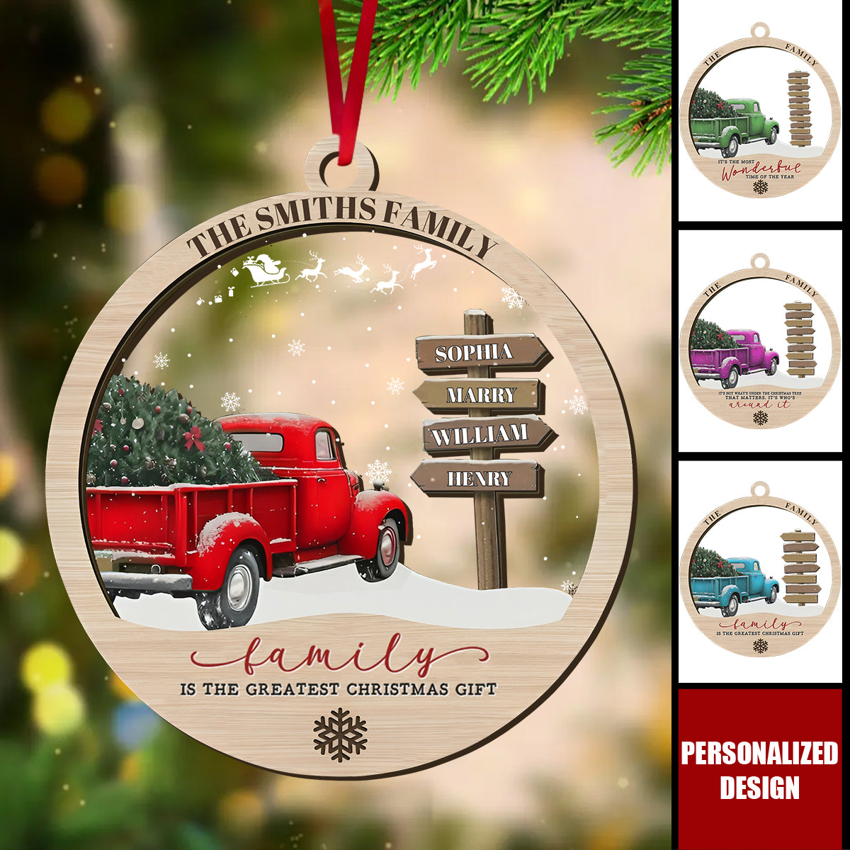 Personalized Family Red Truck Ornament-Farmhouse Christmas Decor
