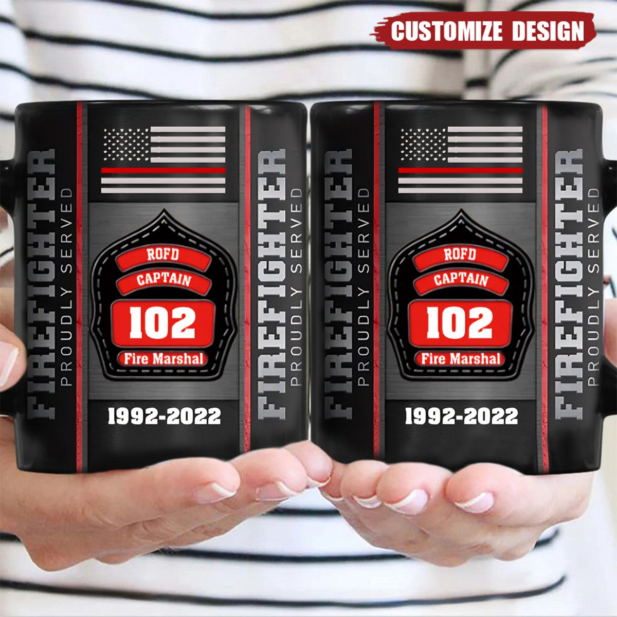 Personalized US And CA Firefighter Custom Name & ID Firefighter Proudly Served Black Mug