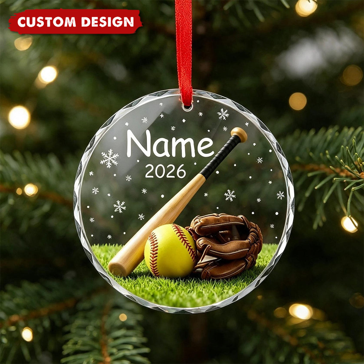 Personalized Softball Baseball Glove Christmas Glass Ornament