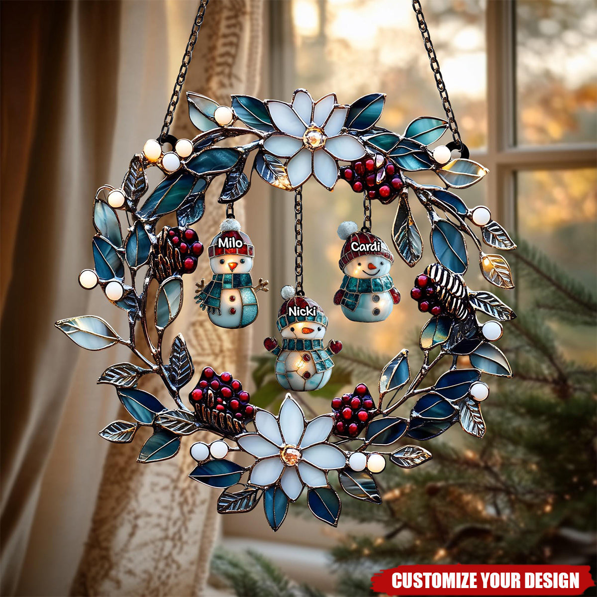 Personalized Snowman Family Acrylic Wreath Suncatcher