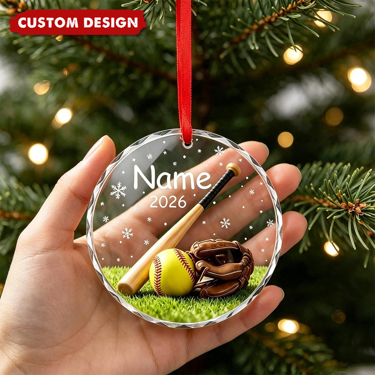 Personalized Softball Baseball Glove Christmas Glass Ornament