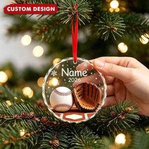 Personalized Softball Baseball Glove Christmas Glass Ornament