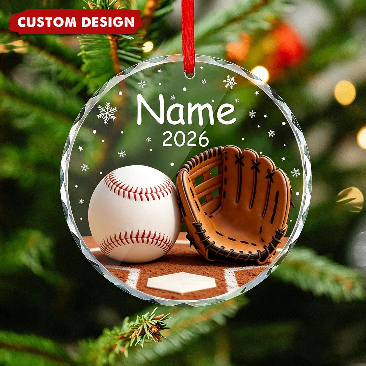 Personalized Softball Baseball Glove Christmas Glass Ornament