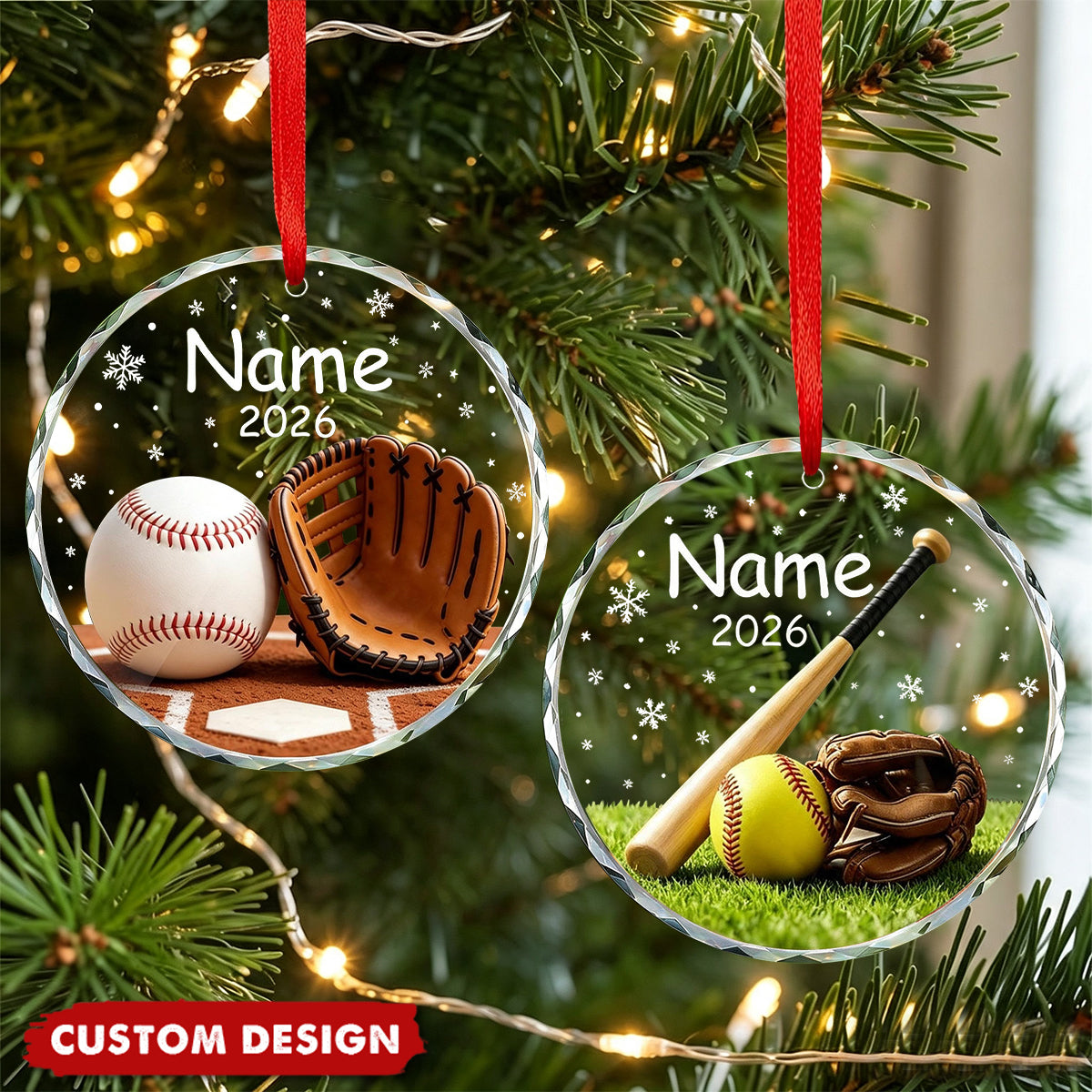 Personalized Softball Baseball Glove Christmas Glass Ornament