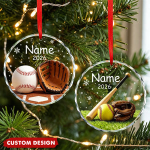 Personalized Softball Baseball Glove Christmas Glass Ornament