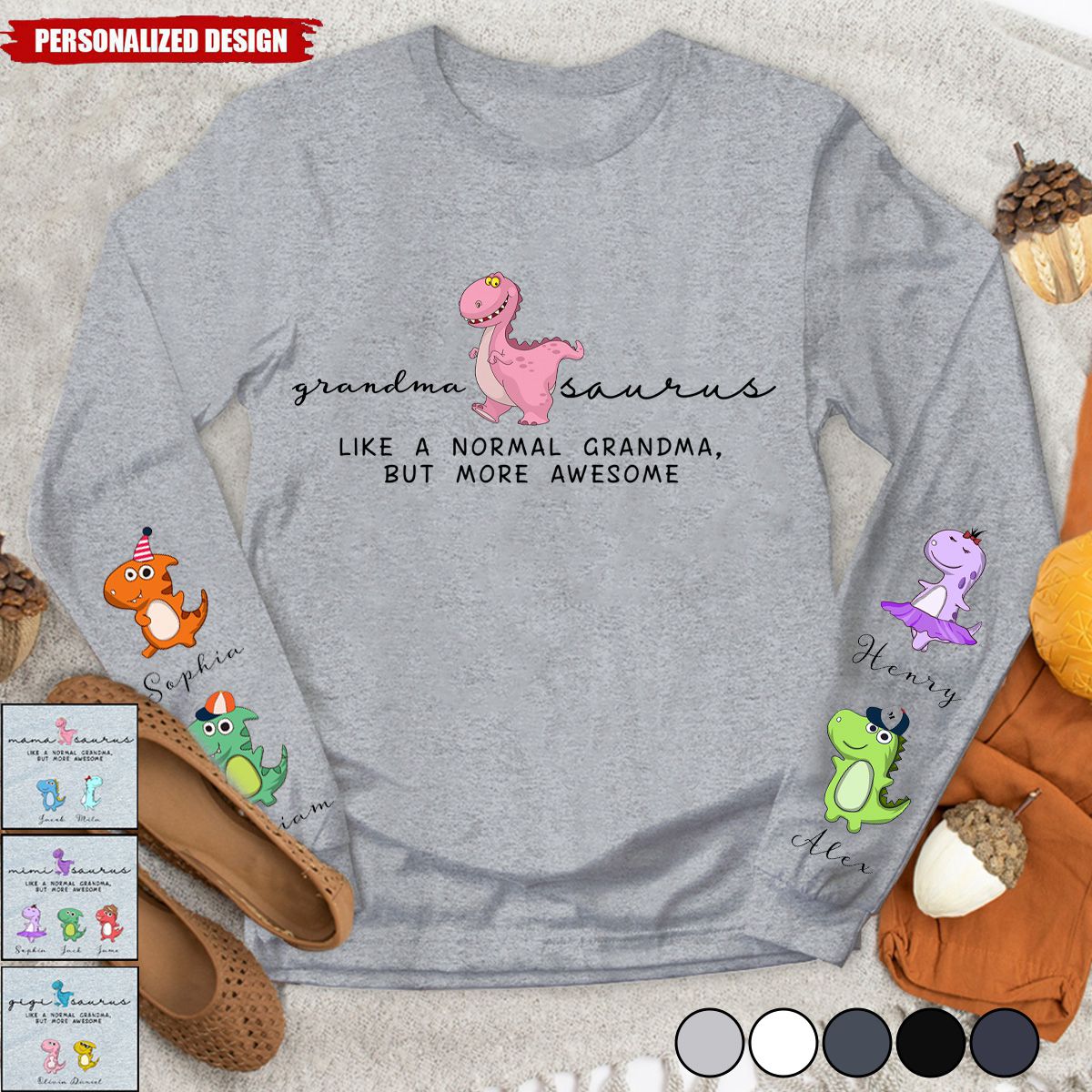 Nana Saurus and Grandkids on the sleeve-Personalized  Longsleeve