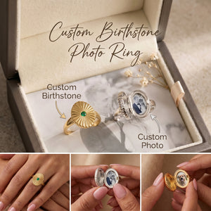 Custom Birthstone Photo Locket Ring - Perfect Gift for Her