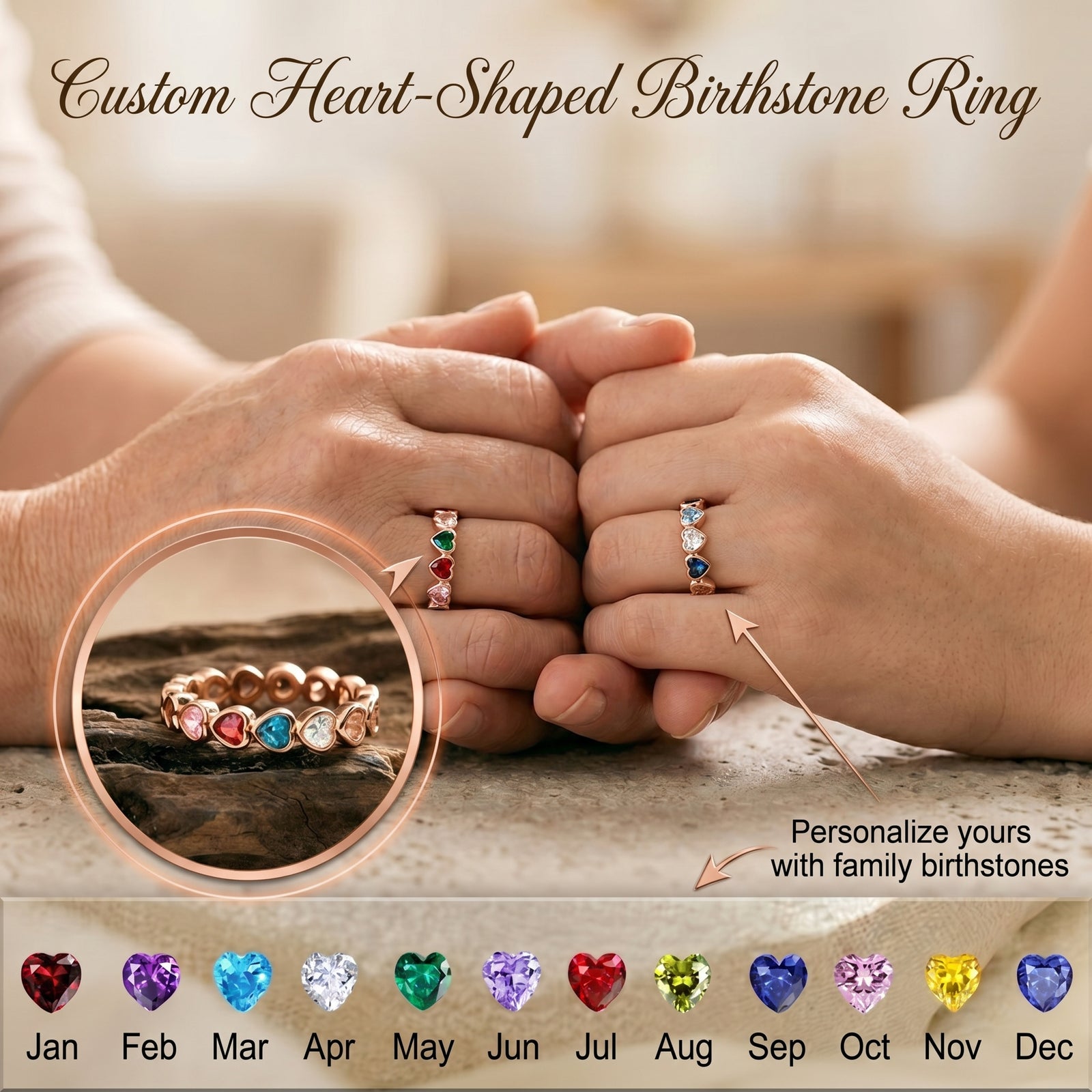 Personalized Birthstone Heart Ring - Mother's Day & Anniversary Gift