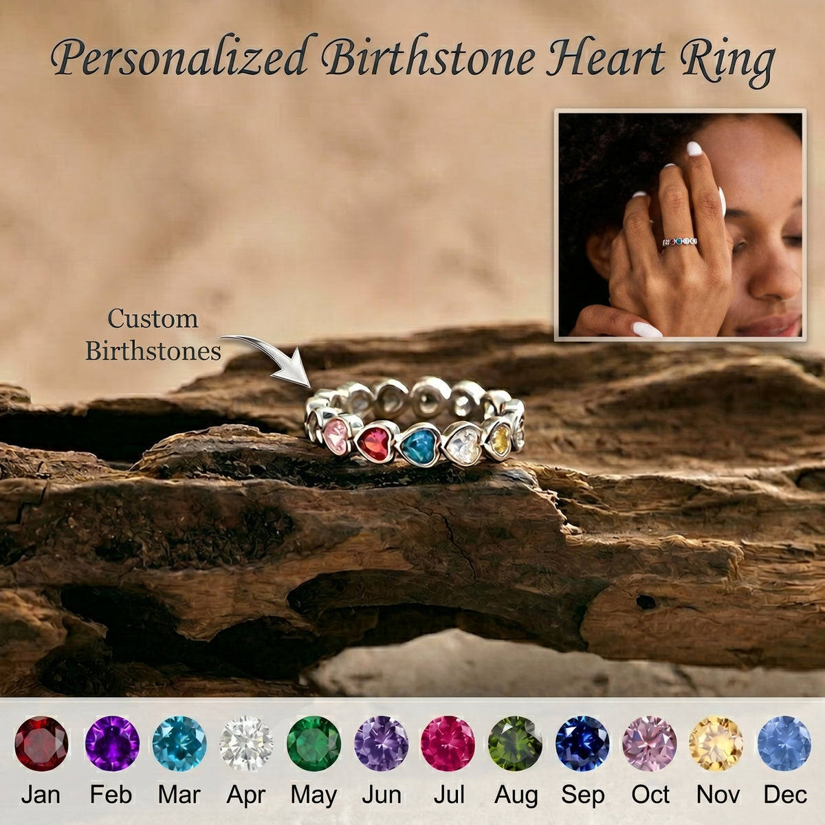 Personalized Birthstone Heart Ring - Mother's Day & Anniversary Gift