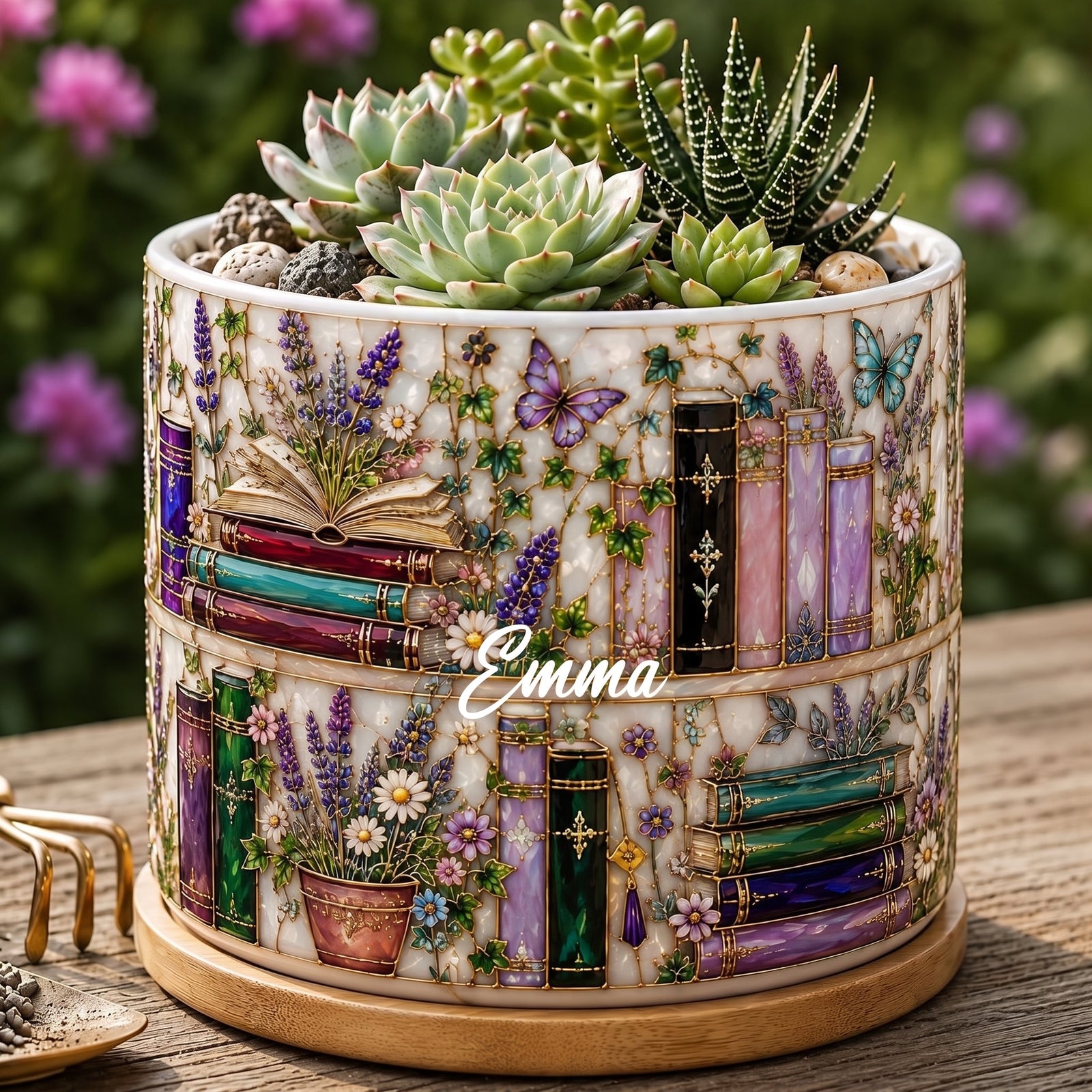 Personalized Stained-Glass Floral Bookshelf Plant Pot -Gift For Teacher, Bookworm, Librarian, Book Lover