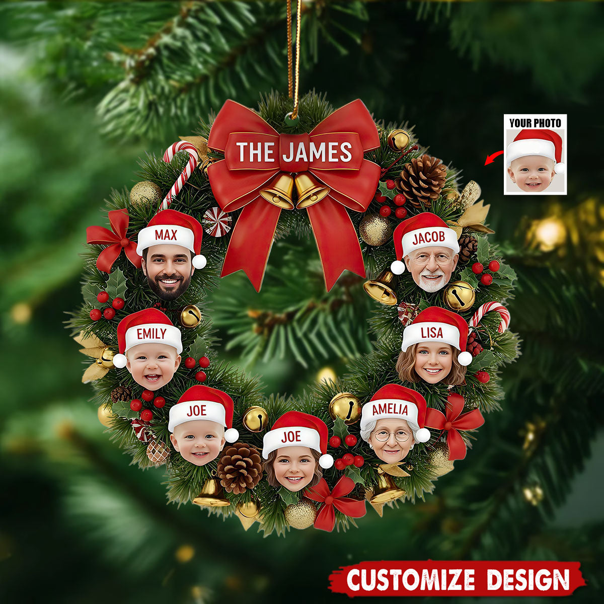 Personalized Family Wreath Photo Christmas Ornament