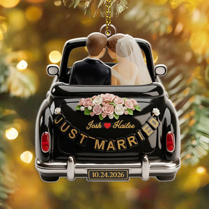 Personalized Just Married 2D Flat 2 Layer Ornament, Couple Newlywed Gift
