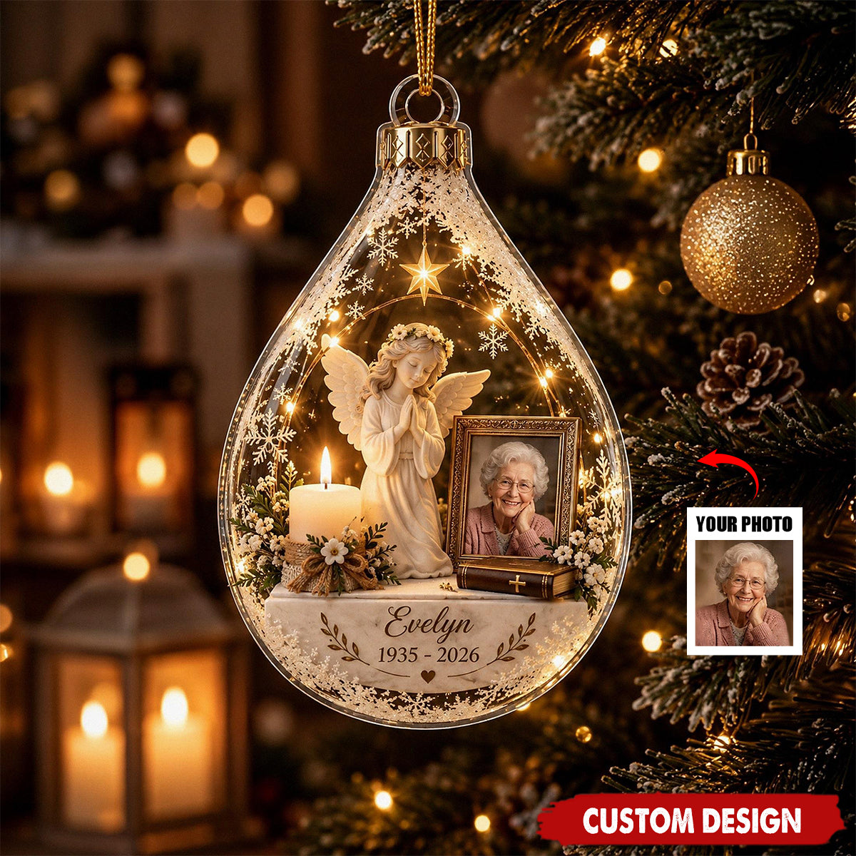 Personalized Memorial Photo Ornament, Angel Acrylic Xmas Decor, In Loving Memory Sympathy Gift