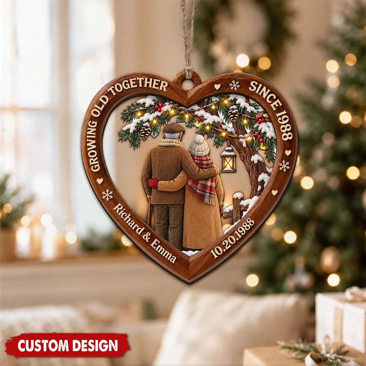 Personalized Couple Wood Ornament, Growing Old Together Winter Decor, Wedding Anniversary Gift